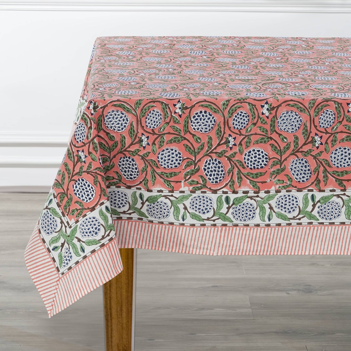 New Dark Salmon Pink Hand Block Print Cotton Tablecloth
