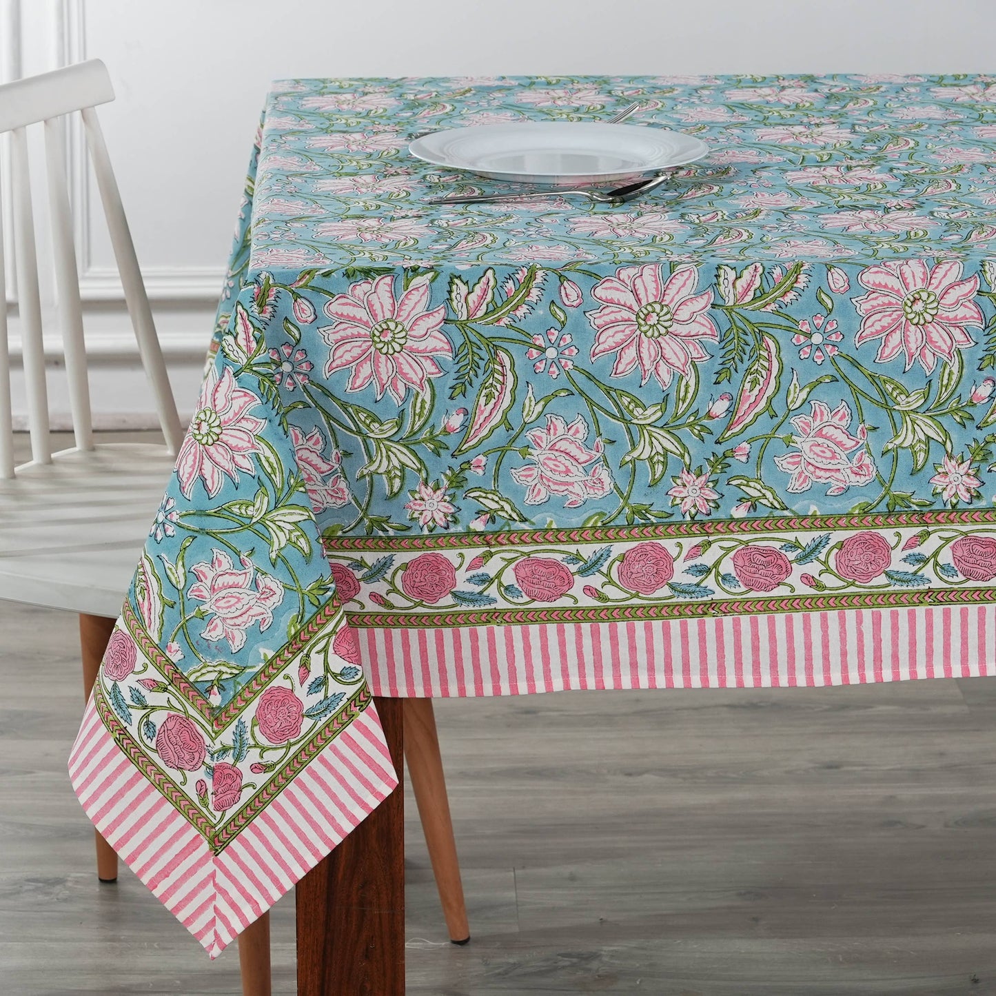 Ice Blue Kelly Green Indian Hand Block Printed Tablecloth