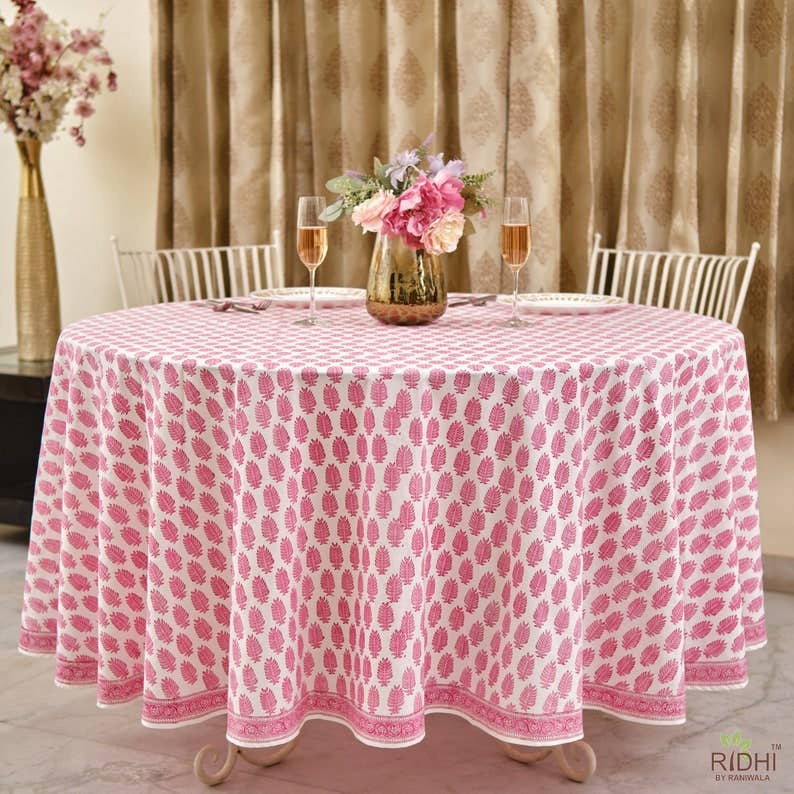 Taffy Pink Indian Hand Block Leaf Print Round Tablecloth