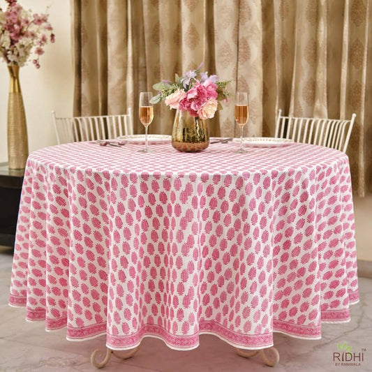 Taffy Pink Indian Hand Block Leaf Print Round Tablecloth
