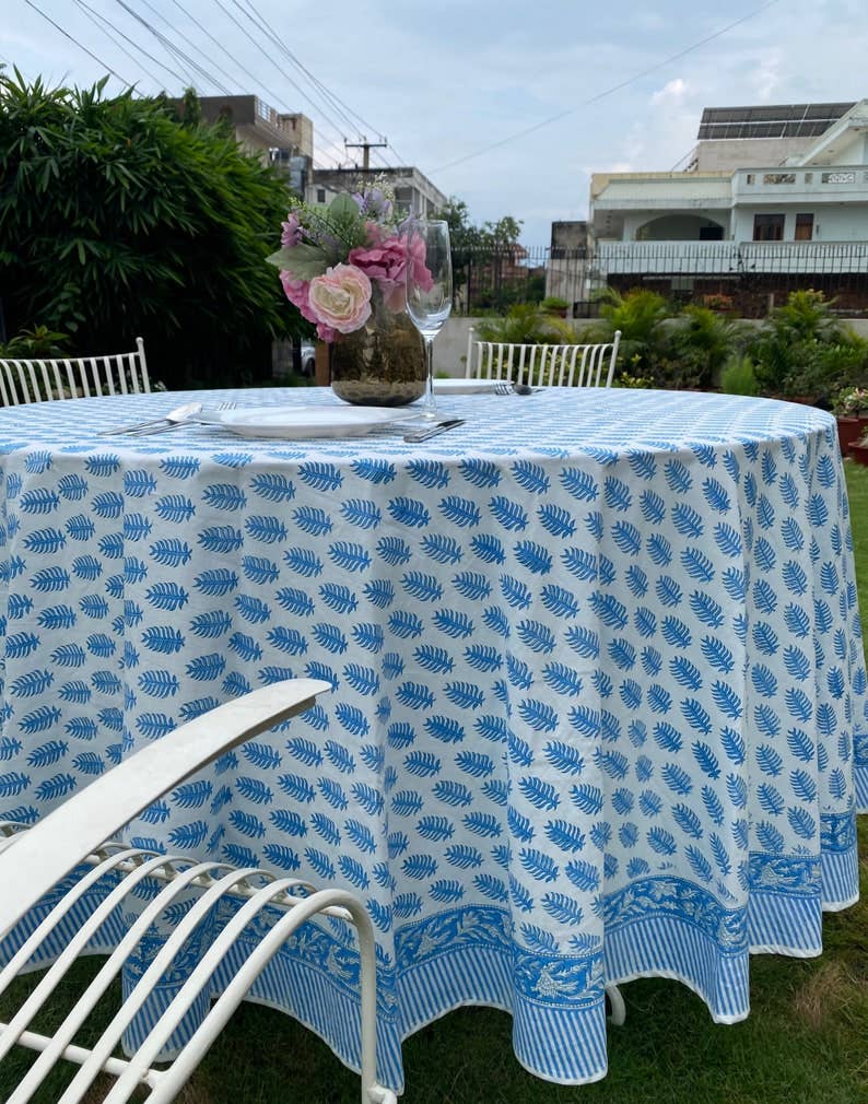 Fabricrush Blue Leaf Print Round Tablecloth Home Decor