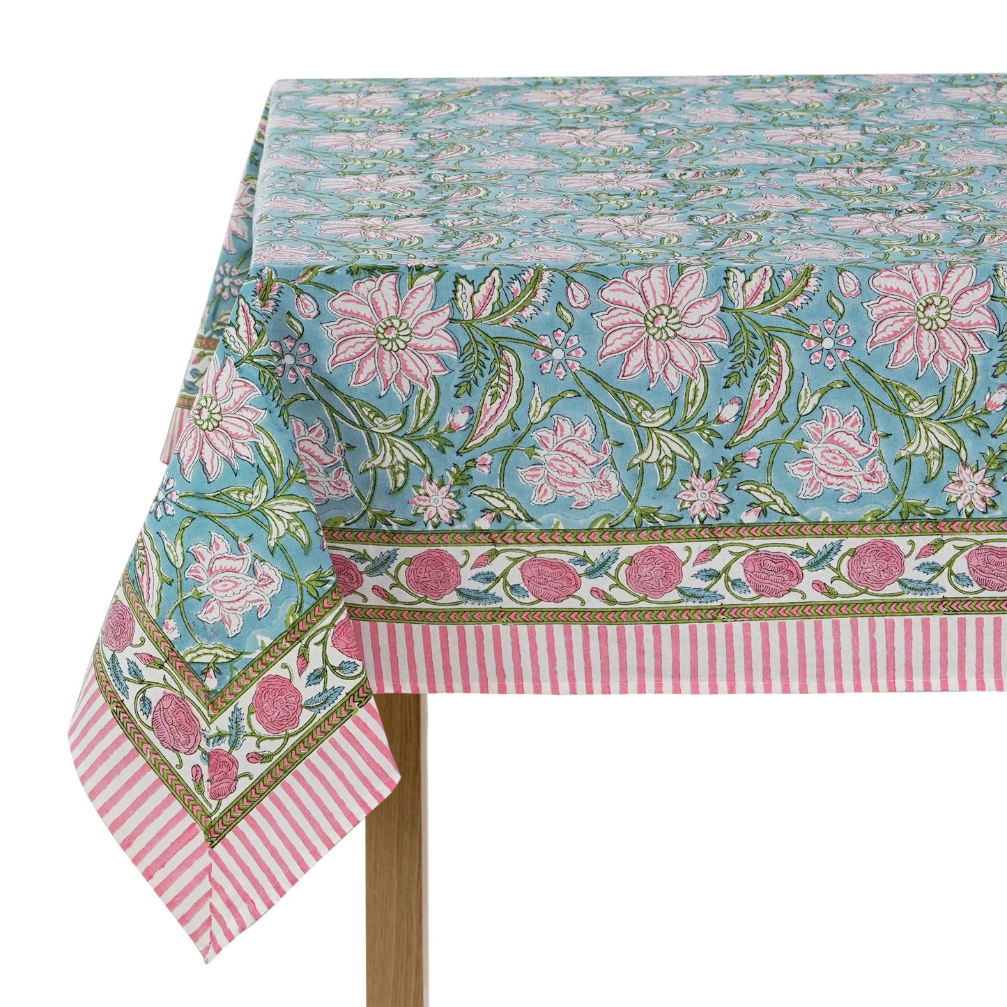 Ice Blue Kelly Green Indian Hand Block Printed Tablecloth