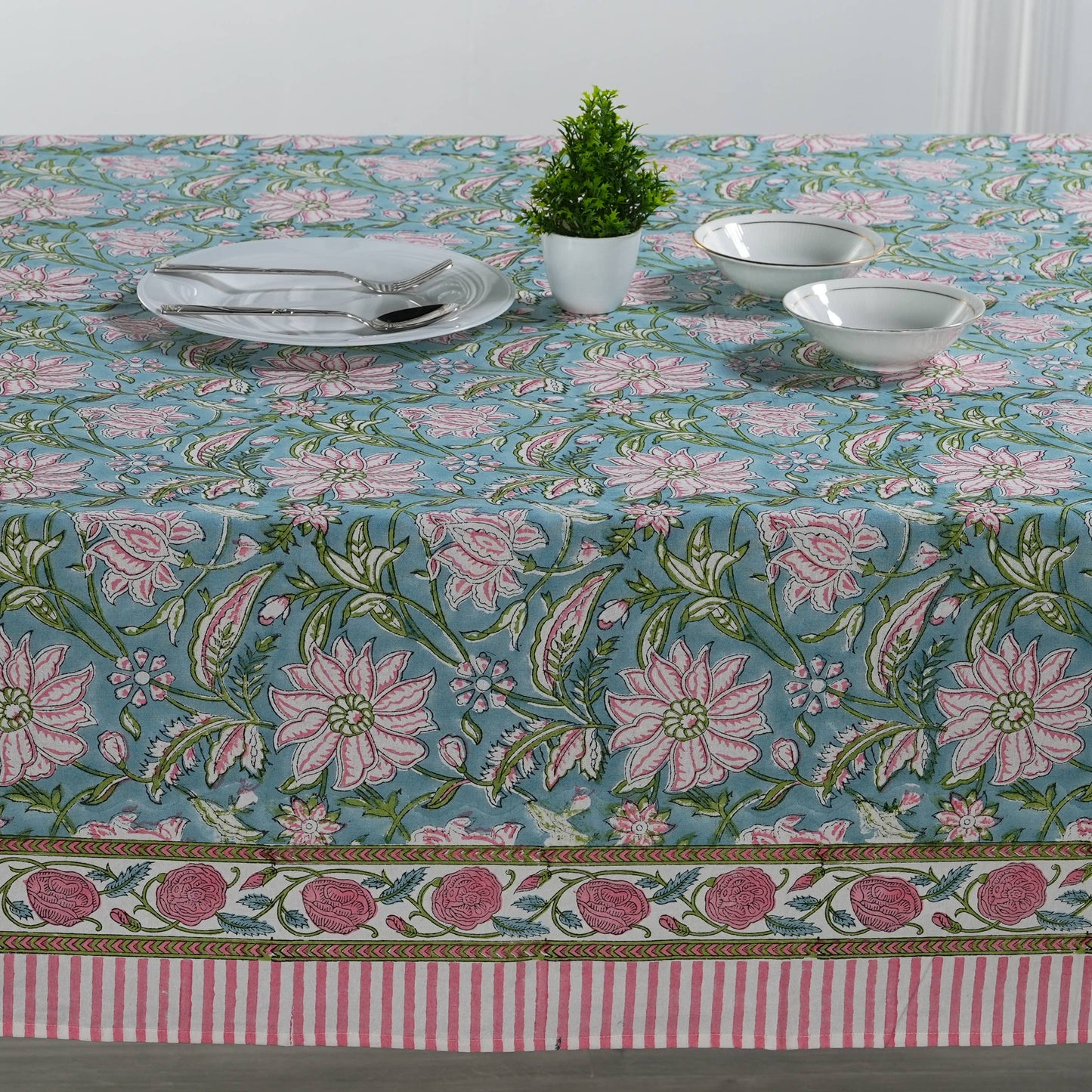 Ice Blue Kelly Green Indian Hand Block Printed Tablecloth