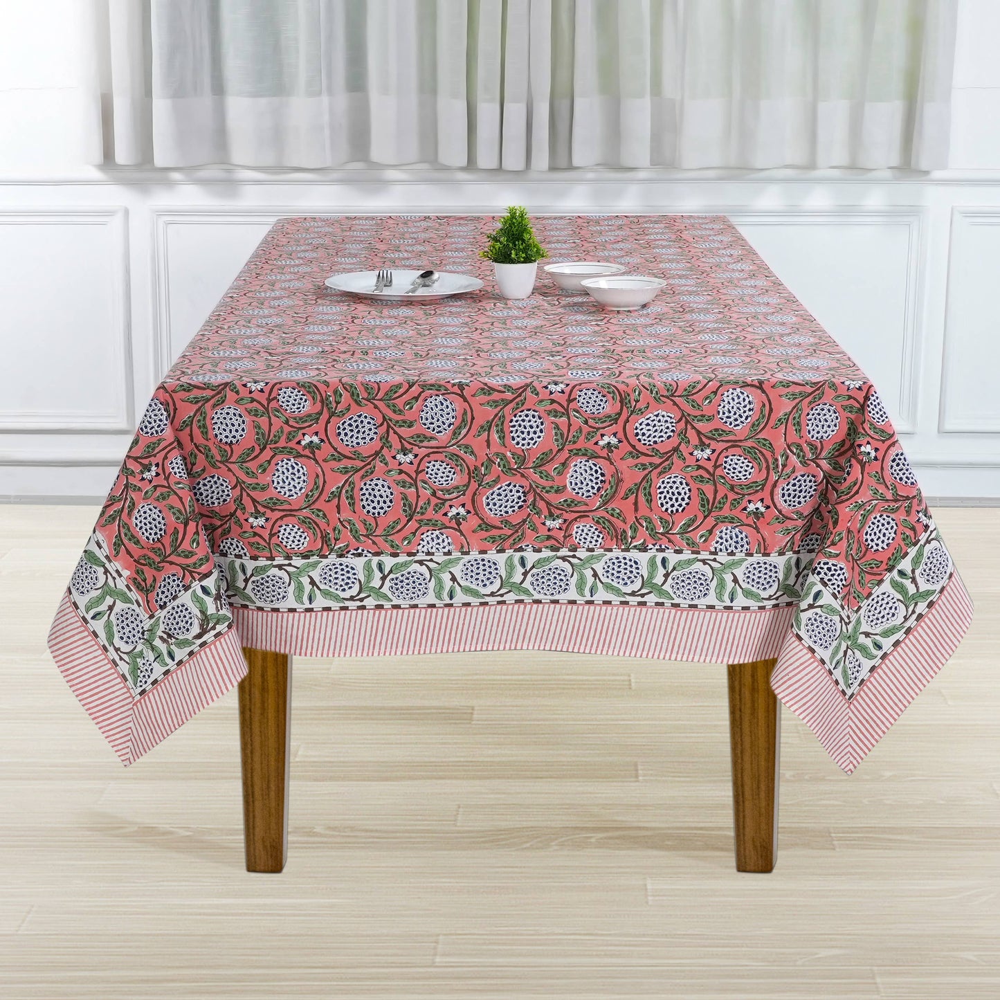 New Dark Salmon Pink Hand Block Print Cotton Tablecloth