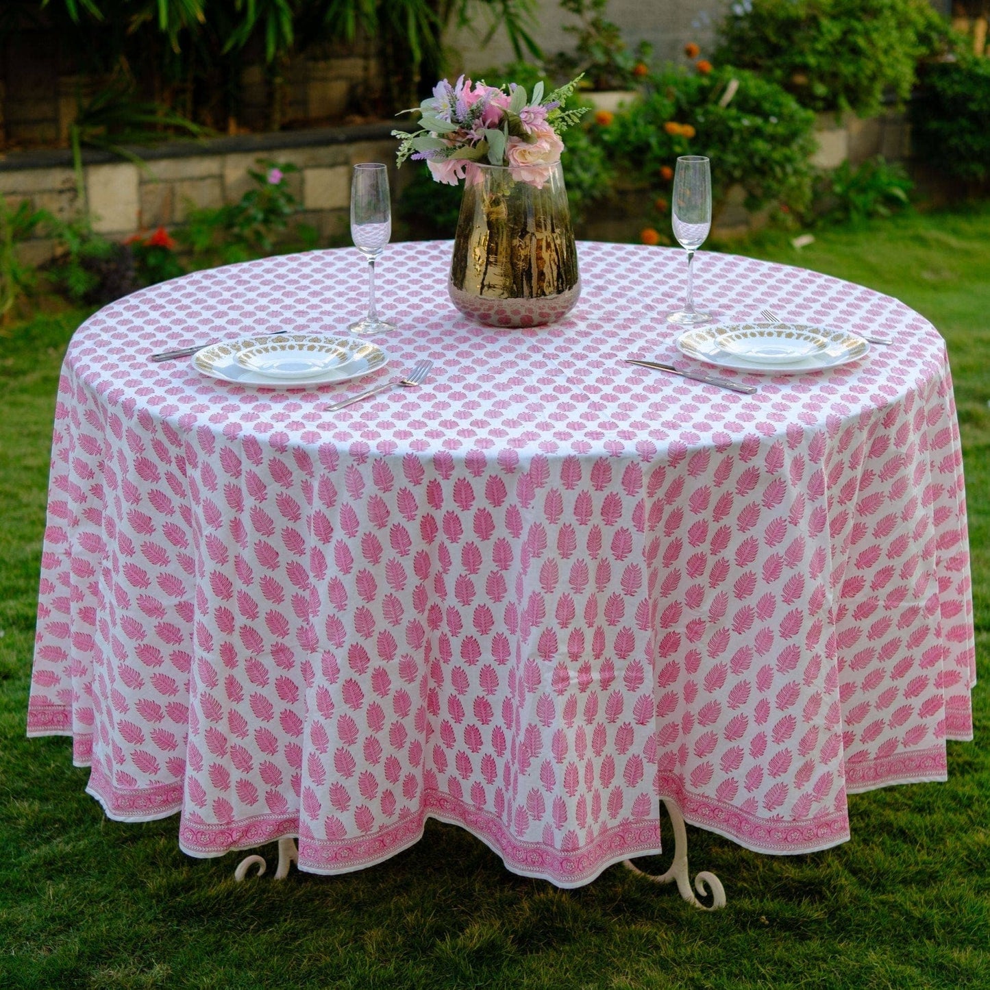 Taffy Pink Indian Hand Block Leaf Print Round Tablecloth
