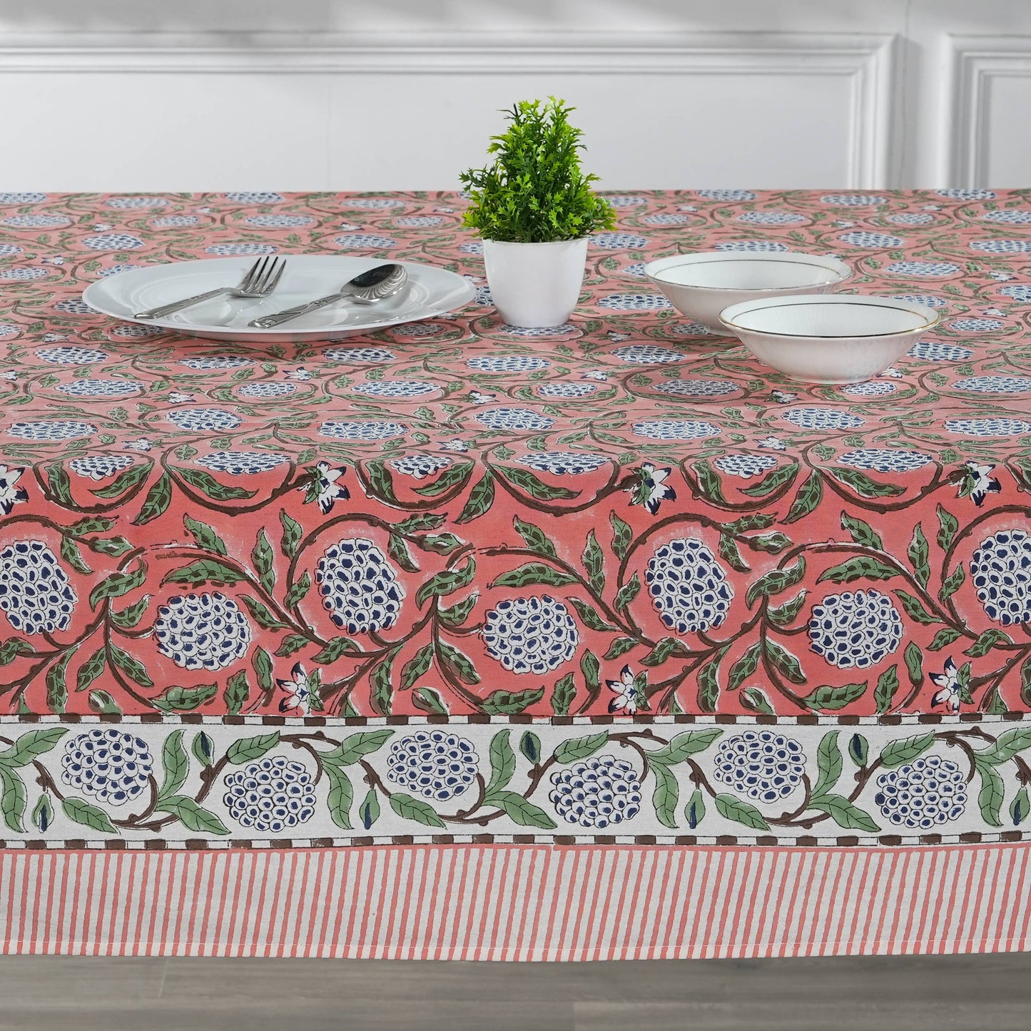 New Dark Salmon Pink Hand Block Print Cotton Tablecloth