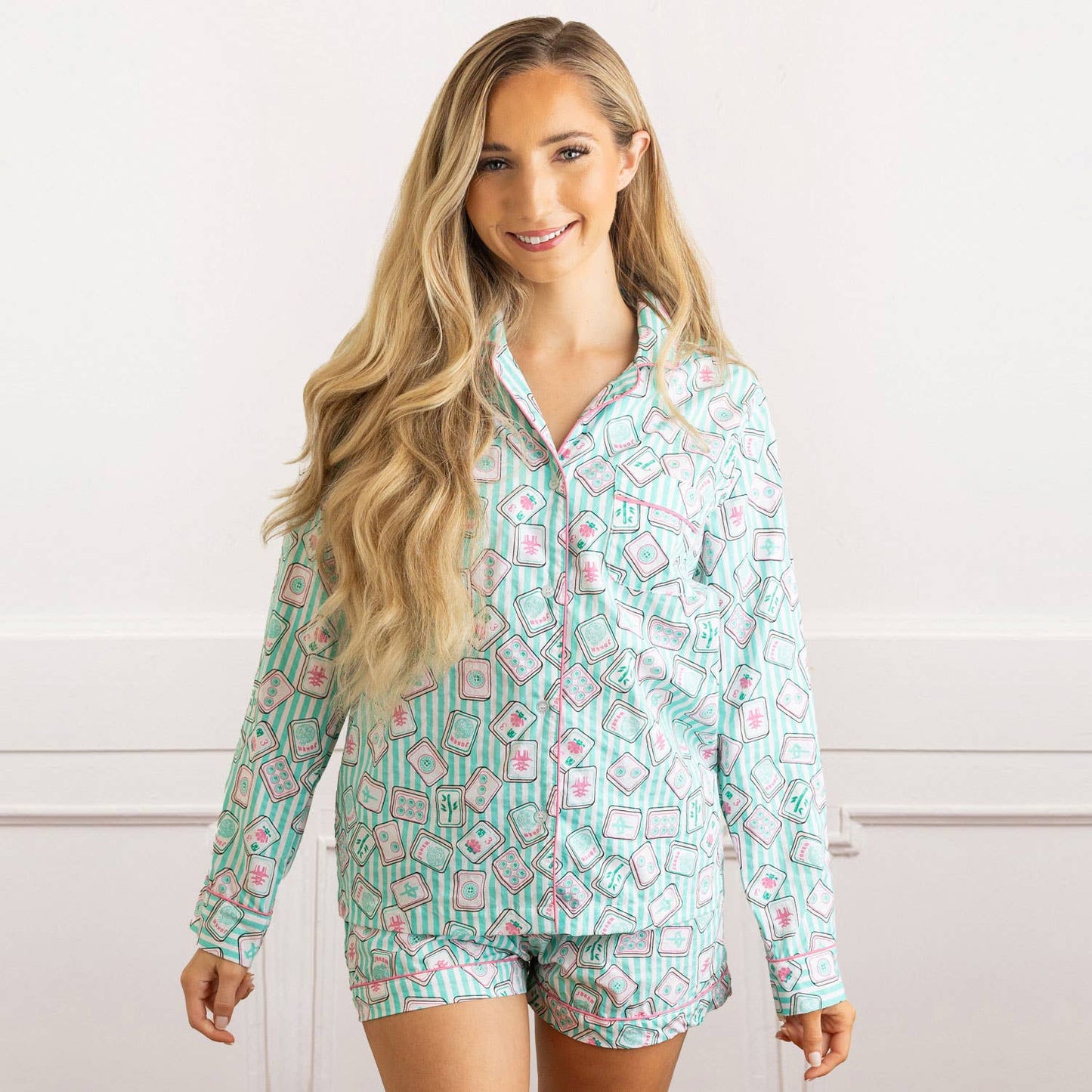 Mahjong Stripe PJ Set with Shorts & Long Sleeve Top