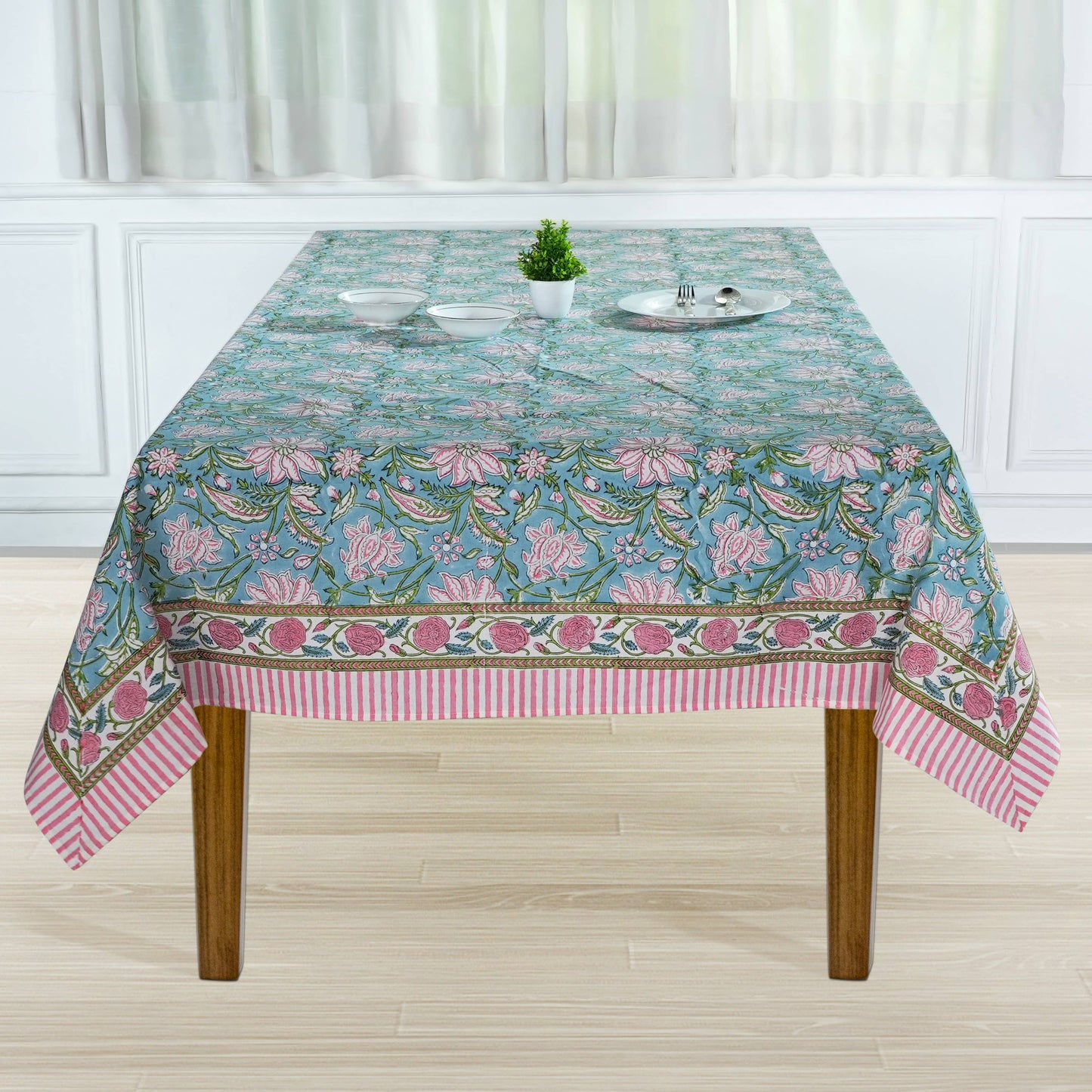 Ice Blue Kelly Green Indian Hand Block Printed Tablecloth
