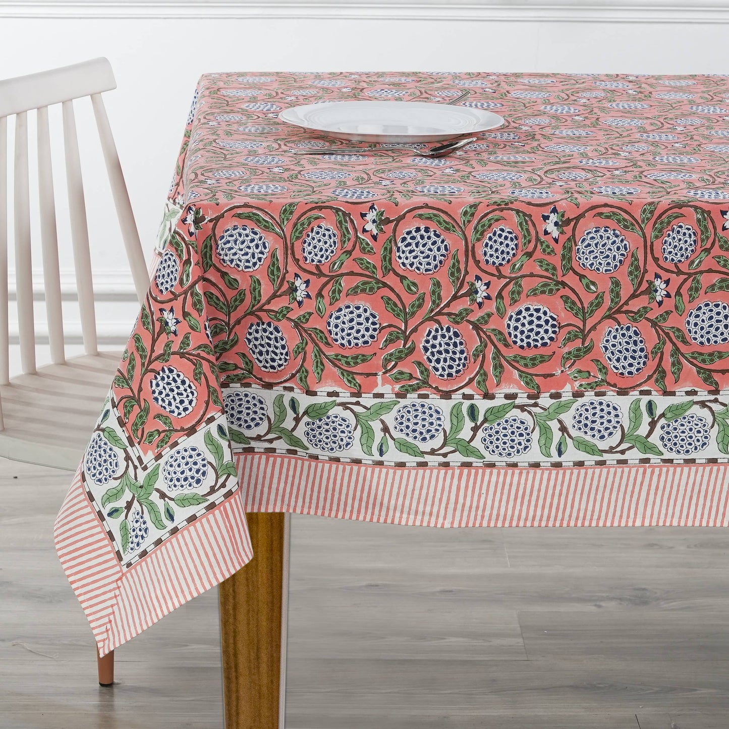 New Dark Salmon Pink Hand Block Print Cotton Tablecloth
