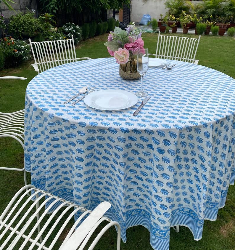 Fabricrush Blue Leaf Print Round Tablecloth Home Decor