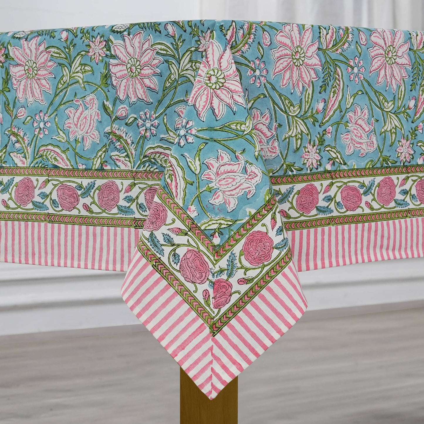 Ice Blue Kelly Green Indian Hand Block Printed Tablecloth