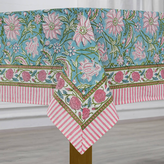 Ice Blue Kelly Green Indian Hand Block Printed Tablecloth